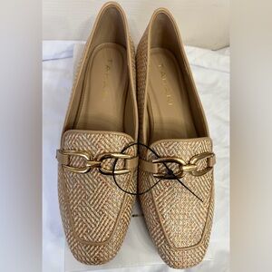 Tahari Tan Loafers with Woven Raffia and Gold Detail